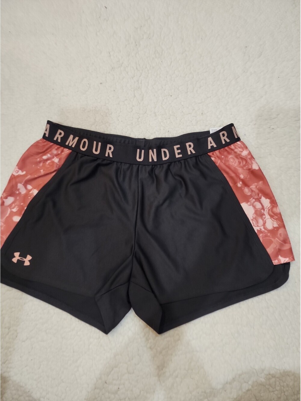 Under Armour Women's Gray Athletic Shorts Pink Floral Print Waistband Logo Sz L
